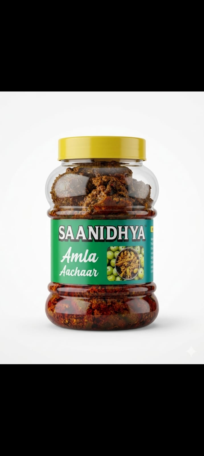 Saanidhya Amla Aachaar jar with green label and yellow lid